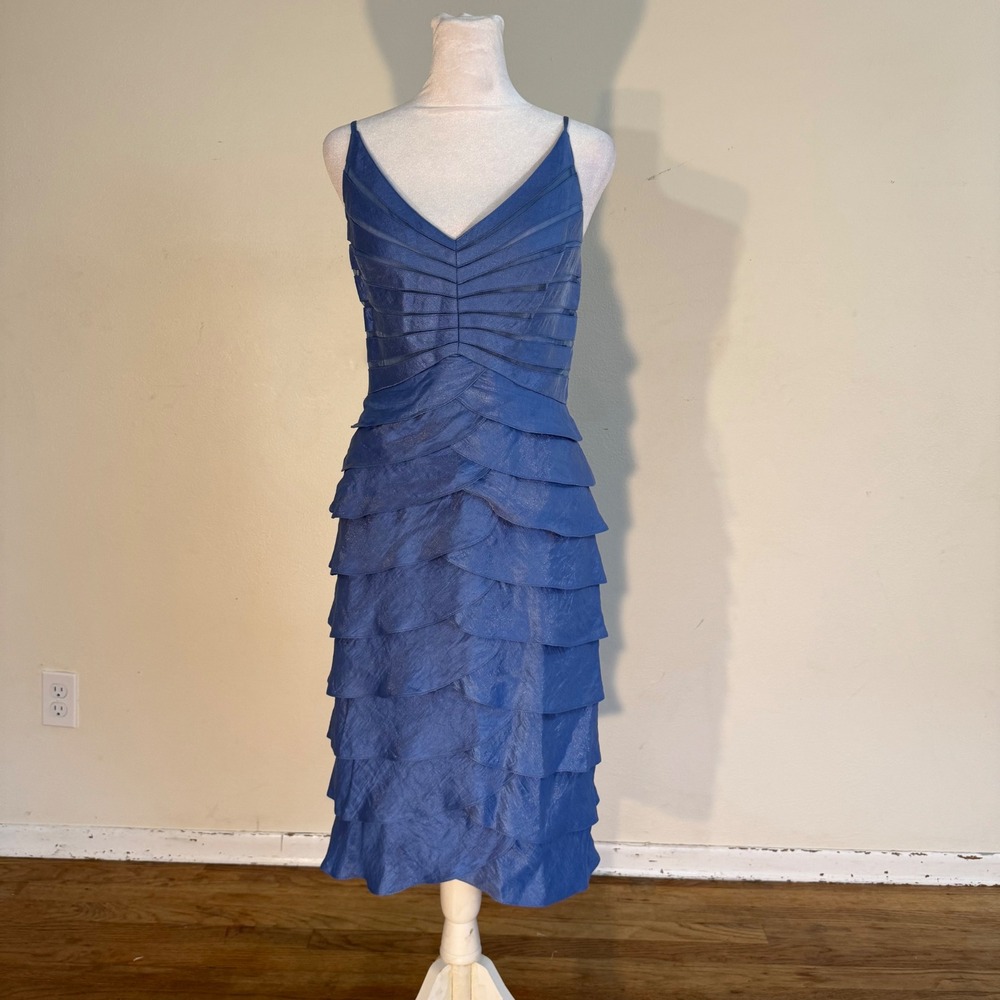 Adrianna Papell Occasions Blue Tiered Ruffle Cocktail Dress Metallic Size 12